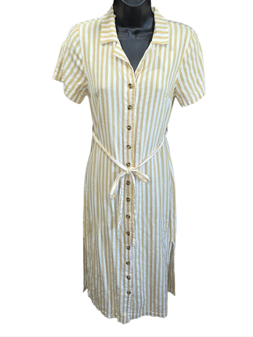 entro Cream and Beige Striped Button-Front Midi Dress Size S - Picture 3 of 5
